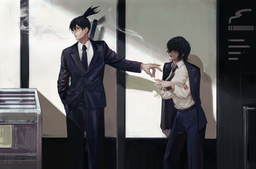 1boy 1girl absurdres belt black_belt black_eyepatch black_hair black_jacket black_neckwear black_pants black_suit blue_eyes chainsaw_man cigarette collared_shirt commentary dress_shirt ear_piercing eyepatch feet_out_of_frame formal fox_shadow_puppet hand_in_pocket hayakawa_aki_(chainsaw_man) high_ponytail highres himeno_(chainsaw_man) holding holding_cigarette jacket jacket_on_shoulders long_sleeves looking_at_another looking_away nazgul_(5511474) necktie neckwear one_eye_covered pants piercing shirt short_hair smoke smoking standing suit white_shirt