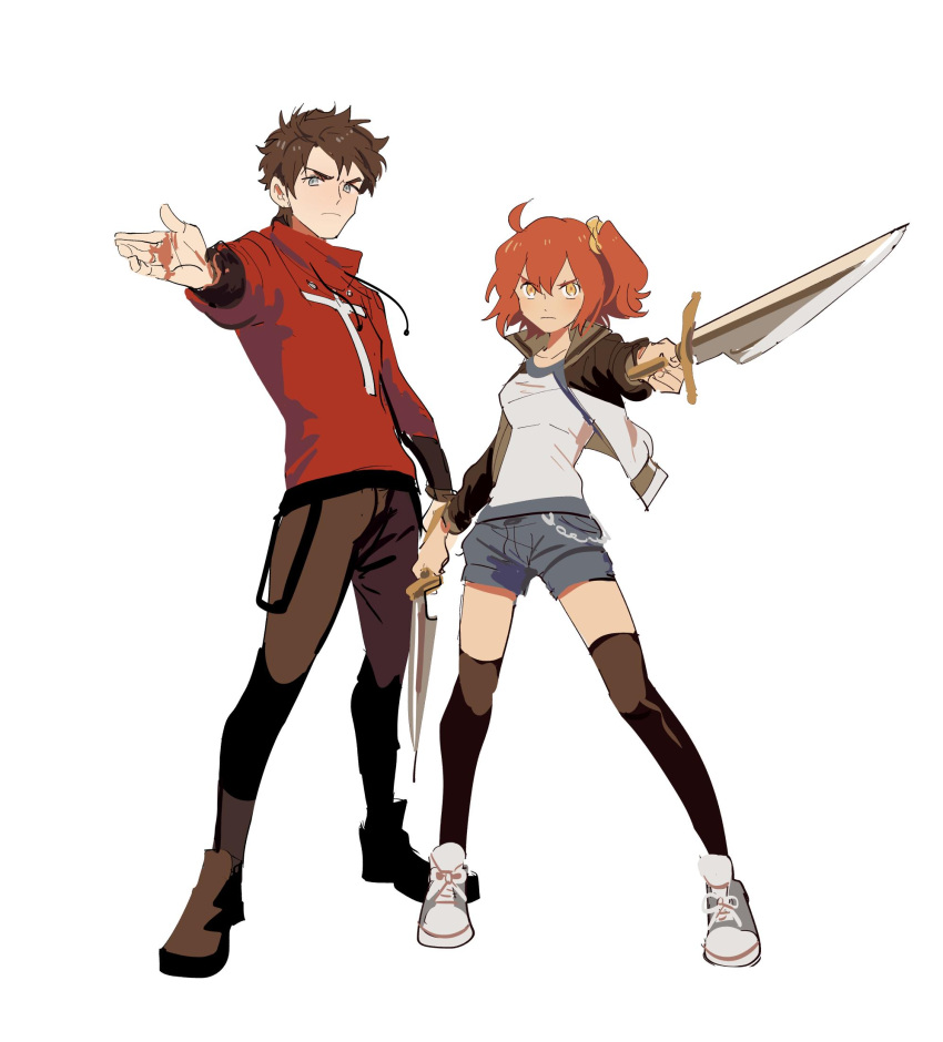 1boy 1girl black_hair blue_eyes cosplay emiya_shirou emiya_shirou_(cosplay) fate/grand_order fate/stay_night fate_(series) fujimaru_ritsuka_(female) fujimaru_ritsuka_(male) full_body highres holding holding_weapon jacket kendy_(revolocities) orange_hair outstretched_arm outstretched_hand shorts simple_background thigh-highs tohsaka_rin tohsaka_rin_(cosplay) weapon white_background yellow_eyes