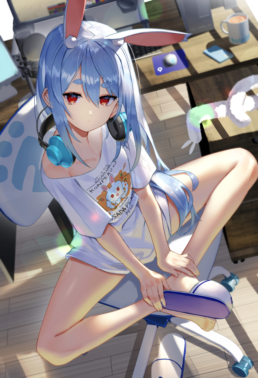 1girl :/ absurdres alternate_hairstyle animal_ears blue_hair blurry blurry_background bright_pupils cellphone chair commentary_request copyright_name crossed_ankles cup depth_of_field desk don-chan_(usada_pekora) dutch_angle extra_ears from_above hair_between_eyes head_tilt headphones headphones_around_neck highres hololive indoors jitome keyboard_(computer) long_hair looking_at_viewer microphone minecraft mouse_(computer) mousepad_(object) mug no_pants off-shoulder_shirt off_shoulder phone rabbit_ears red_eyes romaji_text shirt sidelocks slippers smartphone sukocchi thick_eyebrows usada_pekora very_long_hair virtual_youtuber white_pupils white_shirt wooden_floor