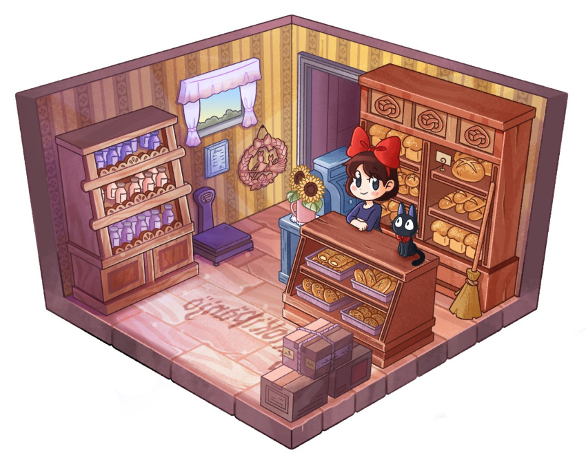 1girl baguette bakery black_cat blush_stickers bow bread broom brown_hair cat counter flower food hair_bow hairband indoors jiji_(majo_no_takkyuubin) kiki majo_no_takkyuubin shelf shop short_hair smile sunflower white_background window woudim wreath