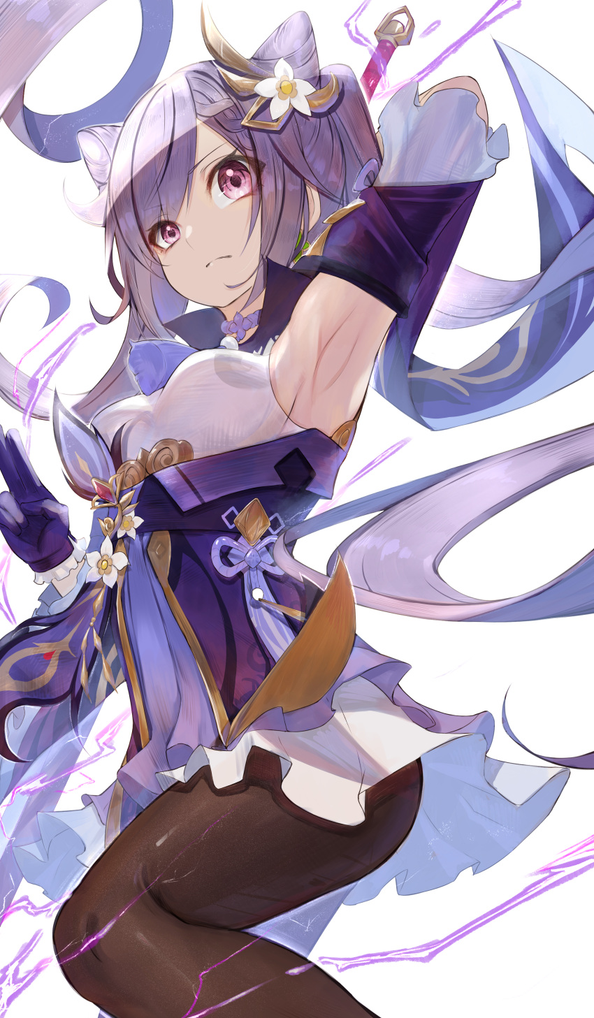 1girl absurdres arm_up armpits black_legwear breasts detached_sleeves double_bun dress flower genshin_impact gloves hair_flower hair_ornament highres holding holding_sword holding_weapon keqing_(genshin_impact) lightning_bolt long_sleeves looking_at_viewer medium_breasts pantyhose purple_hair r_(ryo) sideboob simple_background sleeveless sleeveless_dress sword twintails violet_eyes weapon white_background