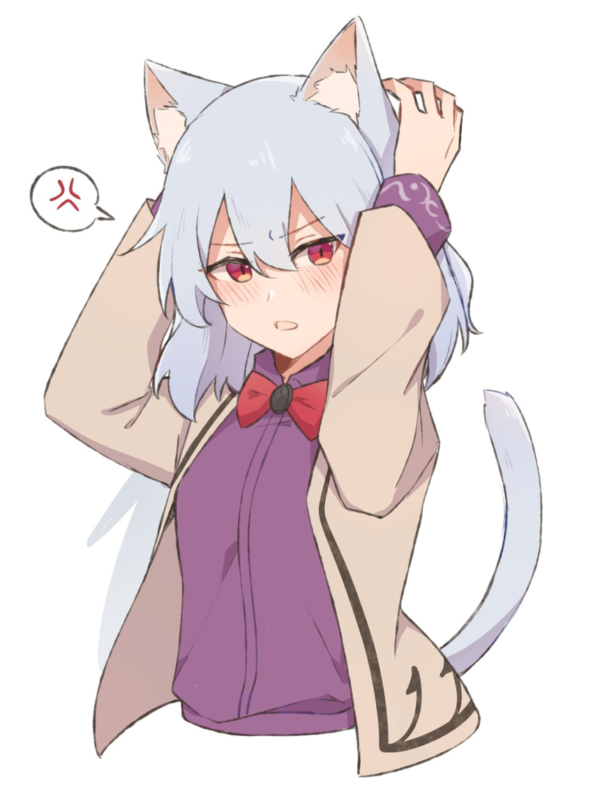 1girl anger_vein animal_ears annoyed beige_jacket blush bow bowtie breasts brooch cat_ears cat_tail cropped_torso dress english_commentary furrowed_eyebrows hair_between_eyes hands_above_head hands_up highres idaku jewelry kemonomimi_mode kishin_sagume long_sleeves looking_at_viewer medium_hair open_mouth purple_dress red_bow red_eyes red_neckwear silver_hair simple_background single_wing small_breasts solo speech_bubble spoken_anger_vein tail touhou upper_body v-shaped_eyebrows white_background wings