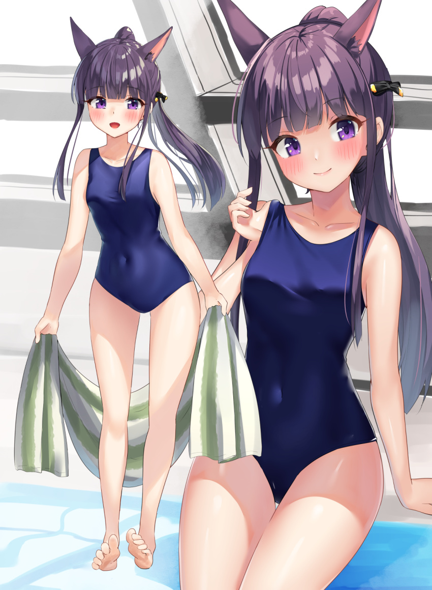 1girl :d animal_ear_fluff animal_ears bare_arms bare_legs bare_shoulders barefoot blue_swimsuit blush breasts closed_mouth collarbone commentary_request covered_navel highres holding holding_towel k_mugura kasumi_(princess_connect!) long_hair multiple_views one-piece_swimsuit open_mouth ponytail poolside princess_connect! princess_connect!_re:dive purple_hair school_swimsuit sitting small_breasts smile soles standing swimsuit towel very_long_hair violet_eyes