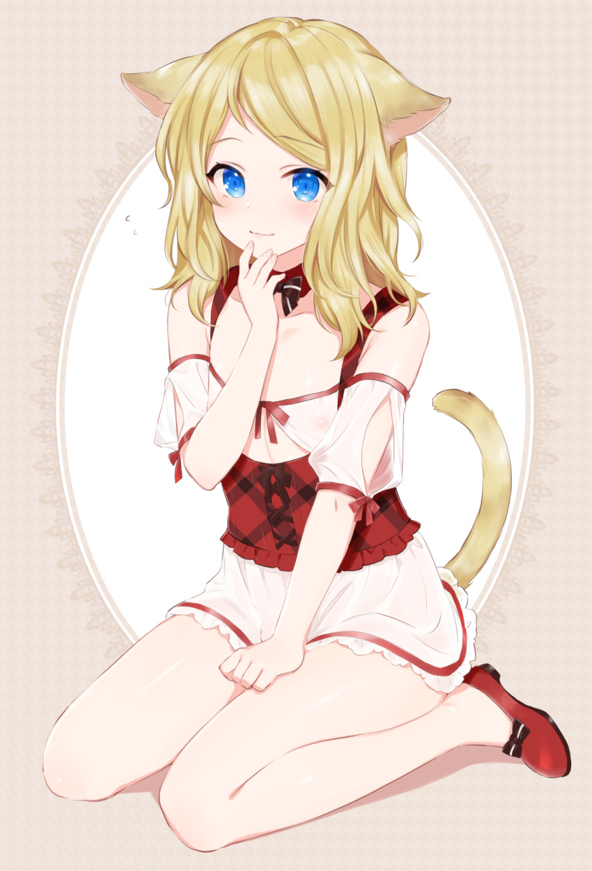 +++_(artist) 1boy animal_ears bare_shoulders blonde_hair blue_eyes blush cat_boy cat_ears cat_tail closed_mouth commission full_body highres male_focus medium_hair nipples original otoko_no_ko red_footwear see-through seiza shoes sitting skeb_commission smile solo tail