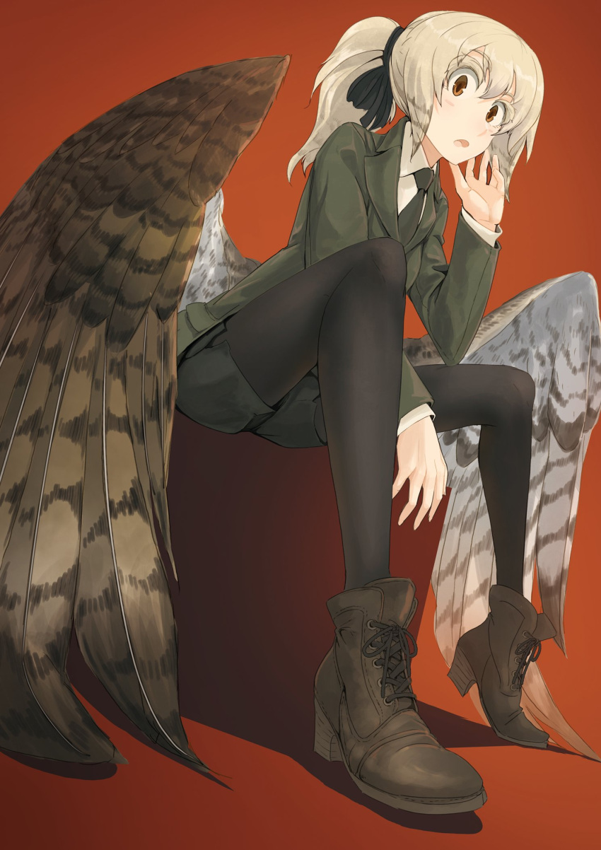 1girl asterisk_kome blonde_hair boots green_jacket hair_tie high_heel_boots high_heels highres jacket leather leather_boots low_wings necktie orange_eyes pantyhose ponytail red_background shoelaces shorts sitting winged_fusiliers wings