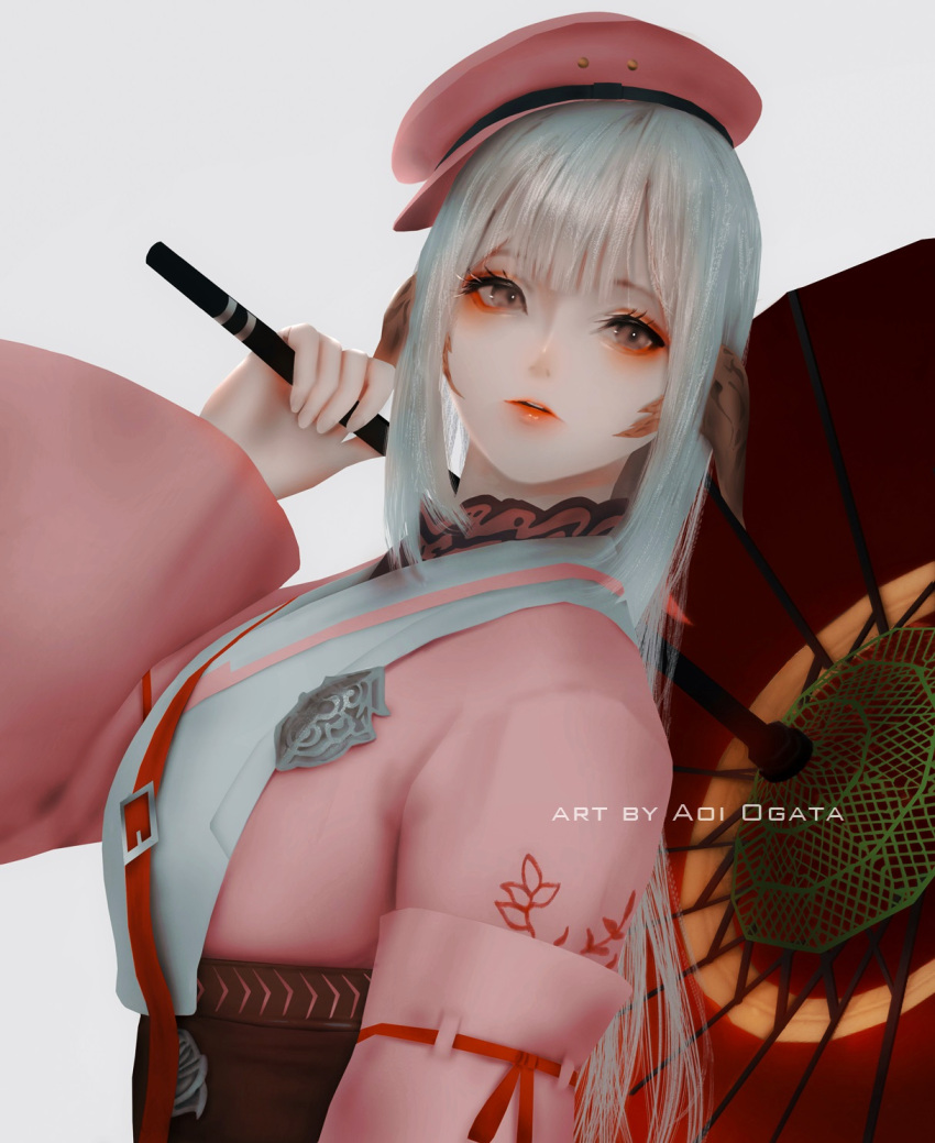1girl aoi_ogata artist_name au_ra bangs brown_eyes cabbie_hat clip_studio_paint_(medium) commentary commission english_commentary eyebrows_visible_through_hair final_fantasy final_fantasy_xiv grey_background grey_hair hat highres holding holding_umbrella horns japanese_clothes kimono looking_at_viewer oil-paper_umbrella original parted_lips pink_headwear pink_kimono red_lips red_umbrella scales simple_background solo umbrella