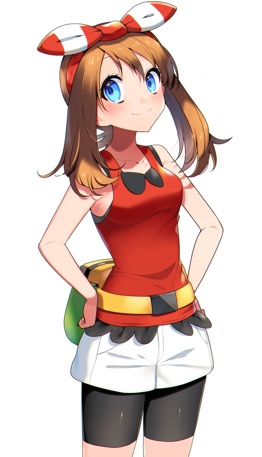 1girl absurdres bangs bare_arms bike_shorts blue_eyes blush bow_hairband brown_hair closed_mouth collarbone commentary cowboy_shot eyebrows_visible_through_hair eyelashes fanny_pack hairband hands_on_hips highres looking_at_viewer may_(pokemon) pokemon pokemon_(game) pokemon_oras red_hairband red_shirt shirt shorts simple_background sleeveless sleeveless_shirt smile solo white_background white_shorts yuihico