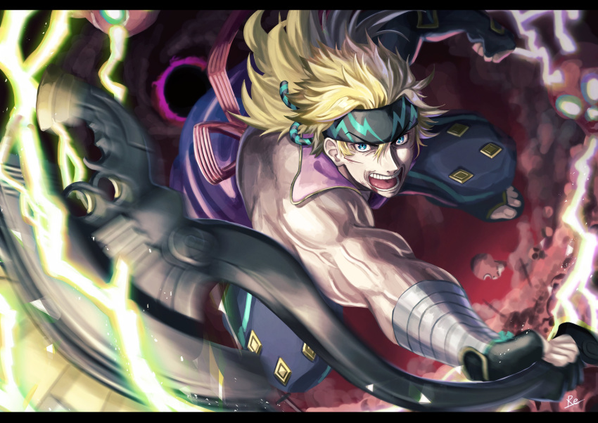 1boy absurdres asymmetrical_clothes axe black_pants blonde_hair blue_eyes collared_shirt fate/grand_order fate_(series) fighting_stance from_above headband heian_warrior_attire_(fate/grand_order) highres holding holding_weapon incoming_attack lightning_bolt long_hair muscle official_alternate_costume open_mouth pants repurika sakata_kintoki_(fate/grand_order) shirt single_sleeve sunglasses veins weapon