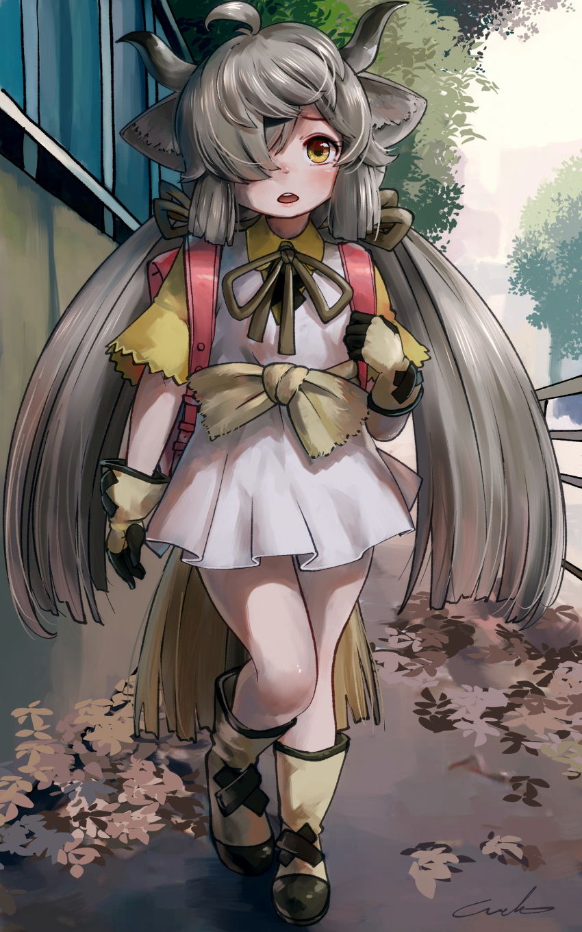 1girl absurdres backpack bag boots bow bowtie brown_neckwear child collared_shirt commentary_request dress eyebrows_visible_through_hair full_body gloves hair_over_one_eye hair_tie highres kemono_friends long_hair neck_ribbon ox_ears ox_girl ox_horns randoseru ribbon shirt short_sleeves solo tail welt_(kinsei_koutenkyoku) white_dress white_hair yak_(kemono_friends) yellow_eyes yellow_footwear yellow_gloves yellow_shirt younger