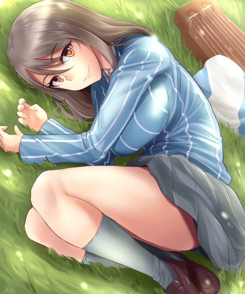 1girl bangs blue_headwear brown_eyes brown_footwear brown_hair closed_mouth commentary dappled_sunlight day eyebrows_visible_through_hair fetal_position from_above girls_und_panzer grass grey_legwear grey_skirt hat hat_removed headwear_removed highres instrument kantele keizoku_school_uniform kitayama_miuki loafers long_hair long_sleeves looking_at_viewer lying mika_(girls_und_panzer) miniskirt on_side outdoors pleated_skirt school_uniform shirt shoes skirt smile socks solo striped striped_shirt sunlight tulip_hat vertical-striped_shirt vertical_stripes