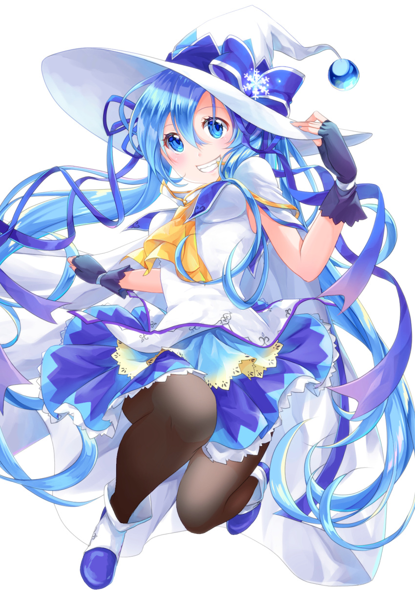 1girl aira_(exp) blue_bow blue_eyes blue_hair blue_skirt boots bow cloak commentary fingerless_gloves full_body gloves grin hair_ribbon hat hat_bow hatsune_miku highres lace-trimmed_skirt lace_trim large_hat long_hair magician miniskirt neckerchief pantyhose purple_gloves ribbon shirt skirt sleeveless sleeveless_shirt smile snowflake_ornament solo twintails very_long_hair vocaloid white_cloak white_footwear white_headwear white_shirt witch_hat yellow_neckwear yuki_miku yuki_miku_(2014)