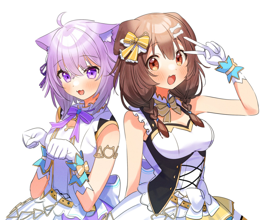 2girls :3 animal_ears armlet bare_arms blush bow bowtie cat_ears cat_girl cross-laced_clothes dog_ears dog_girl framed_breasts gloves hair_ornament hair_ribbon highres hololive idol inugami_korone kuma_daigorou looking_at_viewer miniskirt multiple_girls nekomata_okayu nonstop_story open_mouth paw_pose ribbon simple_background skirt smile underbust v_over_eye white_background white_gloves