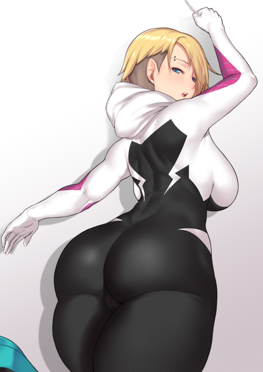 1girl arms_up ass aster_crowley backboob bangs blonde_hair blue_eyes blush bodysuit breasts eyebrow_piercing hairband highres hood large_breasts leg_up looking_at_viewer looking_back looking_up marvel open_mouth outstretched_arm piercing short_hair simple_background skin_tight solo spider-gwen white_background