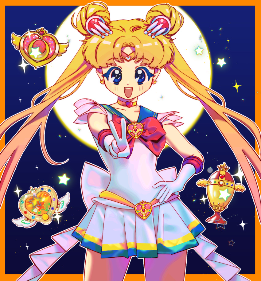 1girl bangs bishoujo_senshi_sailor_moon blonde_hair blue_eyes bow choker cowboy_shot diadem double_bun earrings eyebrows_visible_through_hair gloves hand_on_hip highres jewelry long_hair looking_at_viewer open_mouth parted_bangs q_yan31 red_bow sailor_moon smile solo star_(symbol) tsukino_usagi twintails v very_long_hair white_gloves