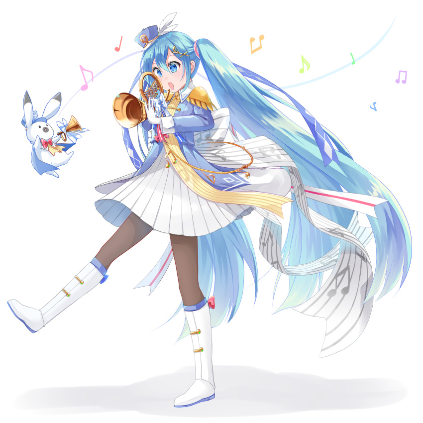 1girl 1other absurdres aira_(exp) aqua_eyes aqua_hair argyle_print band_uniform beamed_eighth_notes blue_headwear blue_jacket boots bow bowtie commentary eighth_note floating french_horn full_body gloves hair_ornament hair_ribbon hairclip hat_feather hatsune_miku highres holding holding_instrument instrument jacket knee_boots long_hair mini_shako_cap musical_note open_mouth pantyhose pleated_skirt quarter_note rabbit rabbit_yukine ribbon skirt striped striped_ribbon trumpet twintails very_long_hair vocaloid walking white_footwear white_gloves white_skirt yuki_miku yuki_miku_(2020)