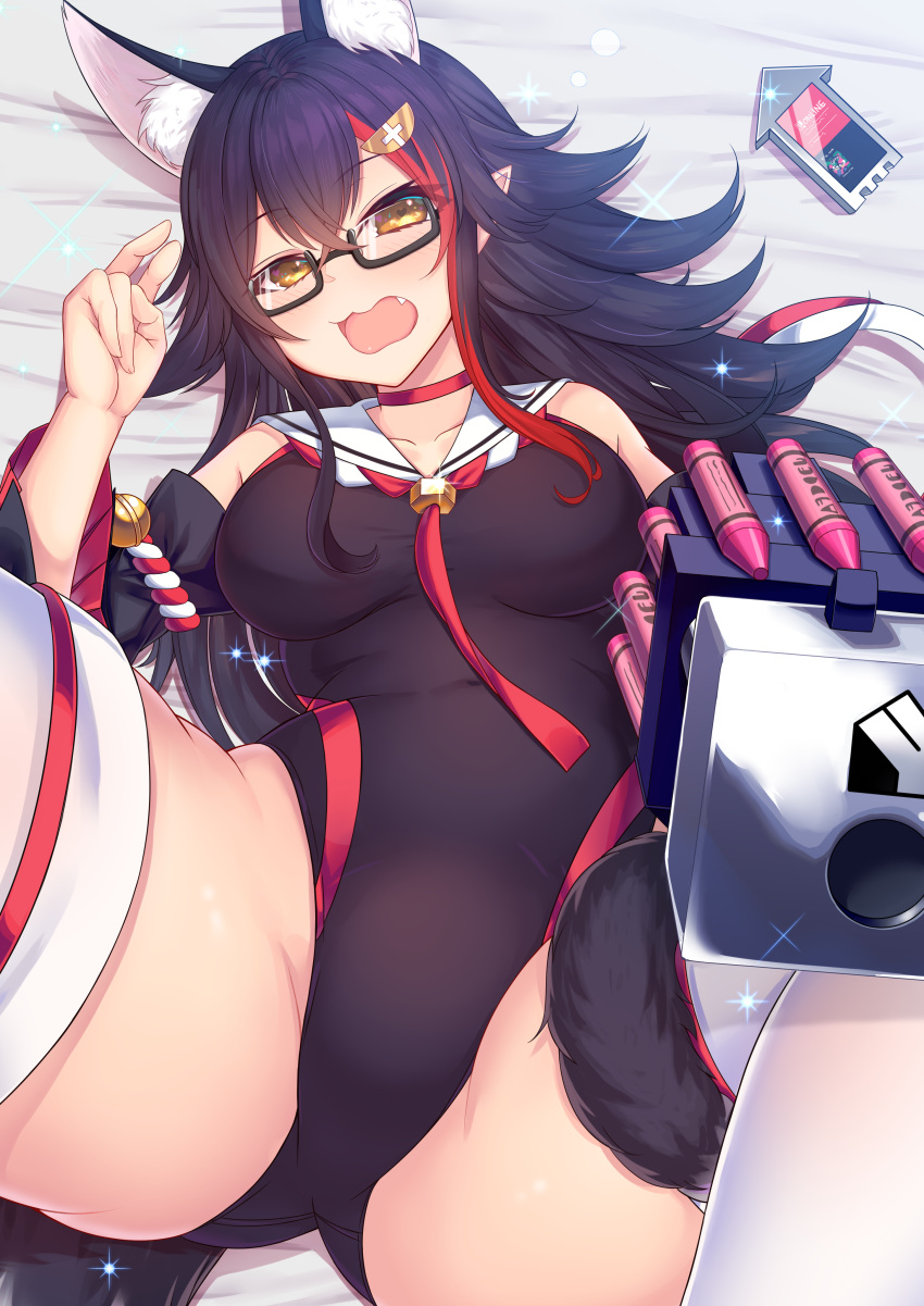 absurdres animal_ears ass ass_visible_through_thighs bespectacled black_hair blush breasts cellphone competition_swimsuit crayon d: detached_sleeves fang glasses hair_ornament hairclip highleg highlights highres hololive multicolored_hair one-piece_swimsuit ookami_mio open_mouth phone spread_legs swimsuit tail virtual_youtuber white_legwear wolf_ears wolf_tail yellow_eyes yoshiheihe