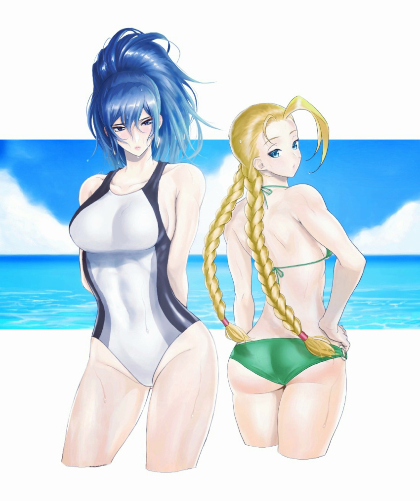 2girls anagumasan antenna_hair arms_behind_back ass back-to-back bikini blonde_hair blue_eyes blue_hair blush braid breasts cammy_white collarbone competition_swimsuit covered_navel cropped_legs crossover green_bikini high_ponytail highres large_breasts leona_heidern long_braid looking_back multicolored multicolored_clothes multicolored_swimsuit multiple_girls ocean one-piece_swimsuit scar scar_on_cheek scar_on_face spaghetti_strap street_fighter swimsuit the_king_of_fighters toned twin_braids wet wet_hair