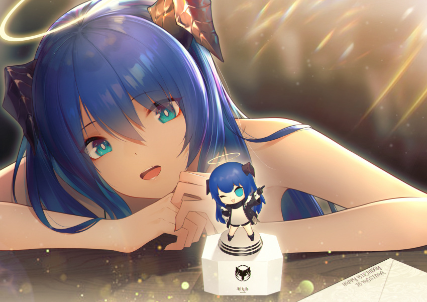 1girl absurdres arknights bangs bare_arms bare_shoulders blue_eyes blue_hair chibi eyebrows_visible_through_hair figure hair_between_eyes halo highres horns jiusan_naitan long_hair looking_at_viewer mostima_(arknights) open_mouth solo