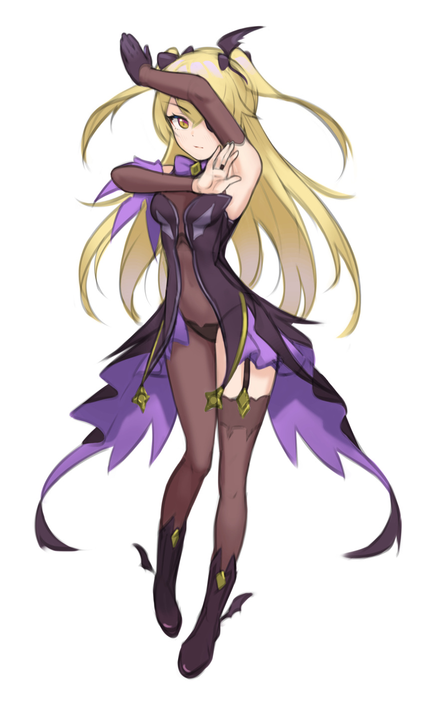 1girl absurdres arm_up arm_warmers armpits asymmetrical_legwear blonde_hair bodystocking boots breasts contrapposto covered_navel dress eyebrows_visible_through_hair fischl_(genshin_impact) full_body garter_straps genshin_impact gloves haeil2 highres long_hair looking_at_viewer pose purple_footwear showgirl_skirt simple_background single_glove small_breasts solo twintails white_background yellow_eyes