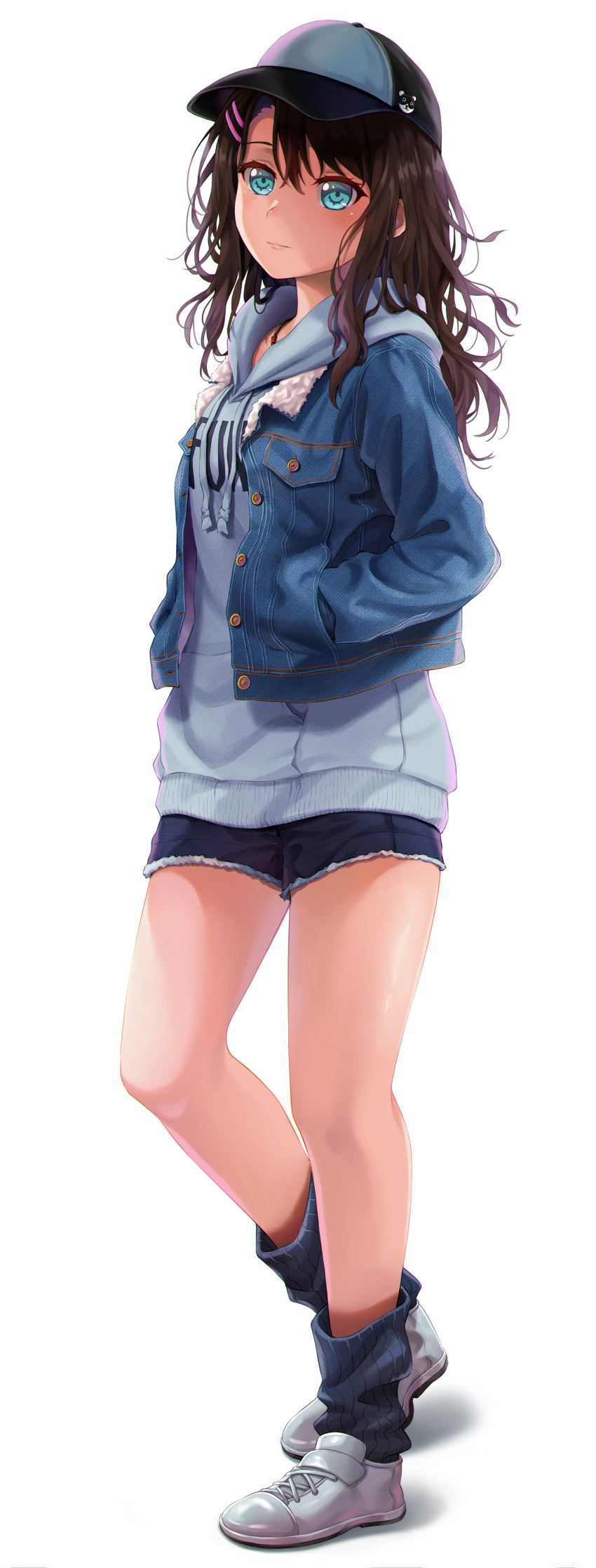 1girl absurdres aqua_eyes bang_dream! bangs baseball_cap black_headwear blue_jacket blue_legwear blue_shorts brown_hair buttons closed_mouth clothes_writing denim denim_jacket denim_shorts drawstring elocca full_body grey_footwear grey_hoodie hair_between_eyes hair_ornament hairclip hands_in_pockets hat highres hood hood_down hoodie huge_filesize jacket light_blush long_hair long_sleeves looking_at_viewer loose_socks okusawa_misaki open_clothes open_jacket pocket shoes short_shorts shorts sidelocks simple_background solo standing wavy_hair white_background