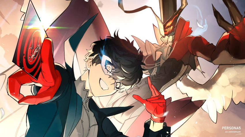 1boy amamiya_ren anniversary arsene_lupin_iii black_coat black_hair brown_eyes btmr_game card clouds cloudy_sky coat copyright_name cropped dutch_angle flaming_eye glint gloves hair_between_eyes highres holding holding_card male_focus mask persona persona_5 red_gloves signature sky smile wings