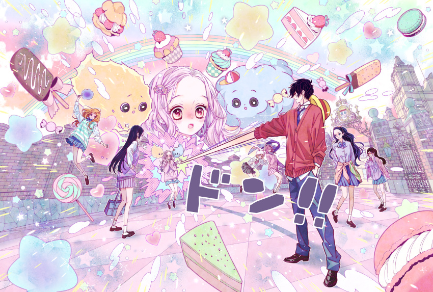 1boy 6+girls animal_ears bag black_hair black_skirt blonde_hair blue_skirt blush boa_hancock cake candy carrot_(one_piece) charlotte_linlin clothes_around_waist cotton_candy cupcake eyewear_on_head food fruit glasses hair_ornament handbag hat heart humanization jacket jacket_on_shoulders lollipop long_hair macaron maki_youko mary_janes monkey_d_luffy multiple_girls nami_(one_piece) nico_robin official_art one_piece open_mouth orange_hair pink_hair pink_skirt pleated_skirt ponytail prometheus_(one_piece) purple_legwear purple_skirt rabbit_ears rainbow scarf school_uniform shoes short_hair skirt socks sound_effects star_(symbol) straw_hat straw_hats_jolly_roger strawberry sweater sweater_around_waist tashigi vinsmoke_reiju wall_slam white_legwear younger zeus_(one_piece) zoom_layer