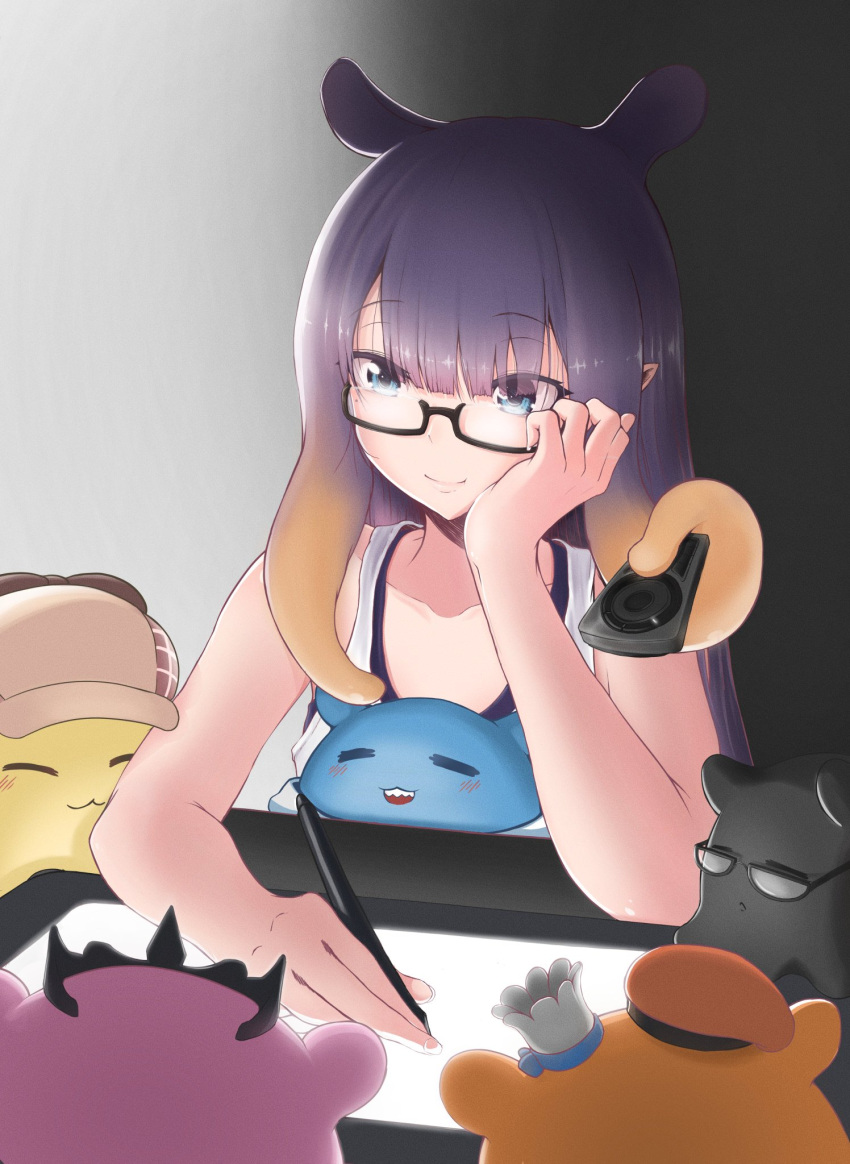 1girl blue_eyes chef_hat cleroviprimo controller eyebrows_visible_through_hair glasses hand_on_own_cheek hand_on_own_face hat highres hololive hololive_english mini_hat ninomae_ina'nis pointy_ears purple_hair remote_control stylus tentacle_hair virtual_youtuber