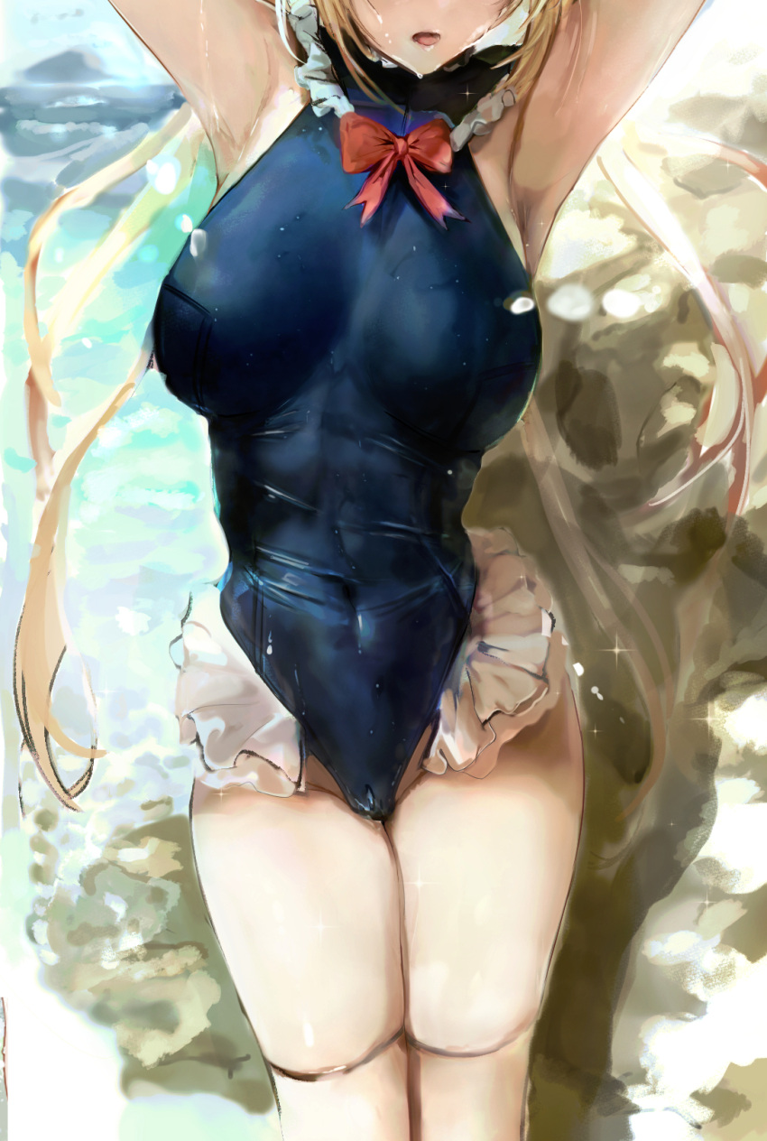 1girl adjusting_hair armpits arms_up azur_lane bangs bare_legs bare_shoulders beach black_ribbon blonde_hair blue_sky blue_swimsuit breasts closed_eyes clouds cloudy_sky commentary_request covered_navel cowboy_shot dead_or_alive frilled_swimsuit frills hair_ribbon highres konnichiwa_kanemura legs legs_together long_hair marie_rose marie_rose_(devilish_servant_against_the_splashing_waves) medium_breasts navel neck_ribbon ocean one-piece_swimsuit open_mouth outdoors red_ribbon ribbon rock sky solo standing swimsuit twintails water wet wet_clothes