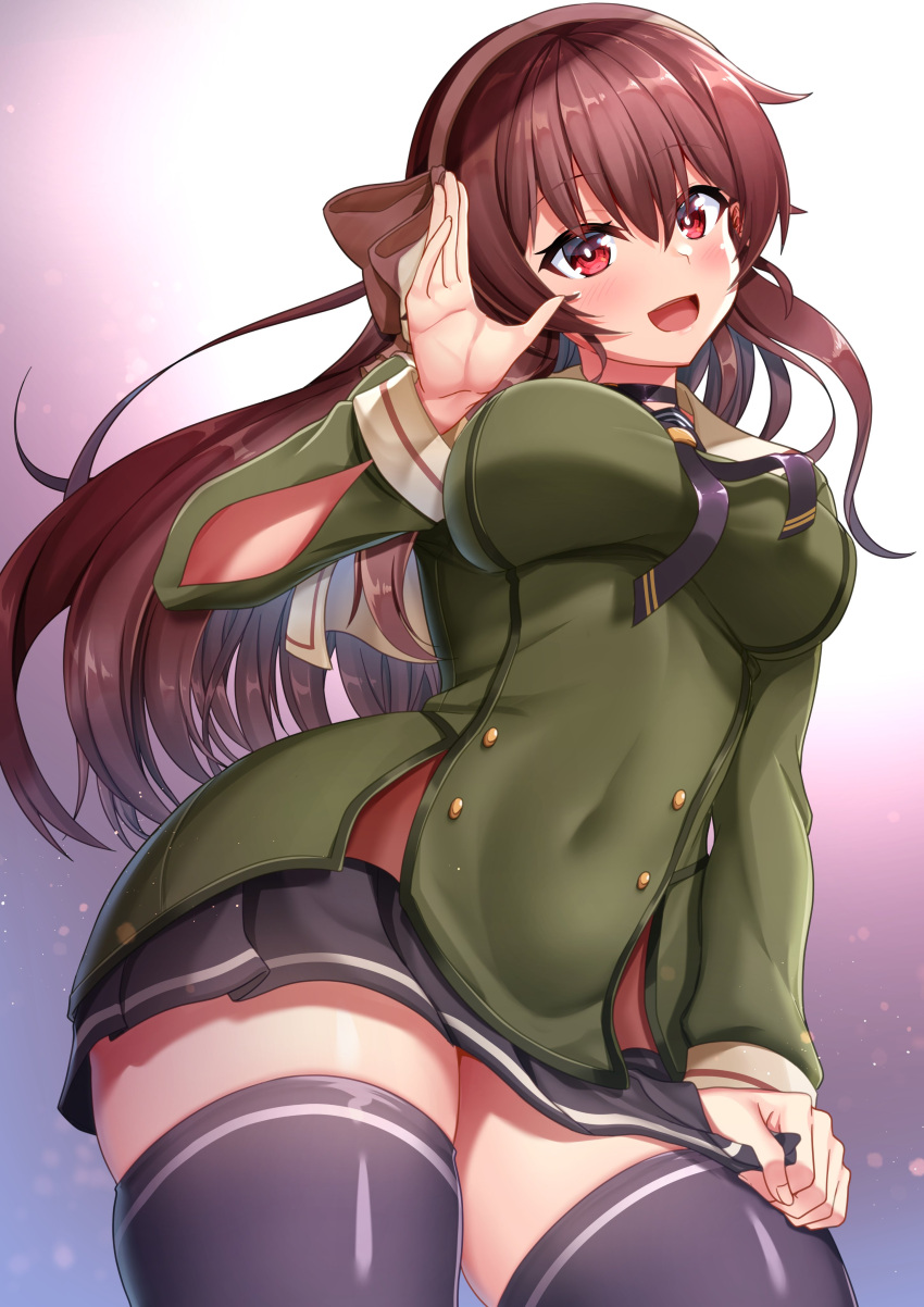 .live 1girl absurdres birotyoutin black_legwear blush breasts brown_hair commentary_request headband highres large_breasts long_hair looking_at_viewer open_mouth red_eyes school_uniform simple_background solo thigh-highs virtual_youtuber waving yaezawa_natori