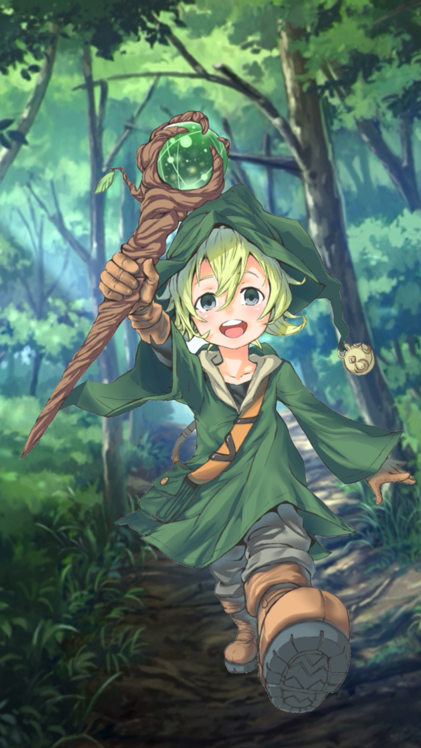 1boy arm_up blush boots brown_footwear brown_gloves character_request collarbone forest gloves grass green_eyes green_hair green_headwear hair_between_eyes highres holding holding_staff kuma_(jk0073) leaf light_green_hair long_sleeves male_focus merc_storia nature open_mouth outdoors pouch round_teeth solo staff teeth tongue tree walking wide_sleeves