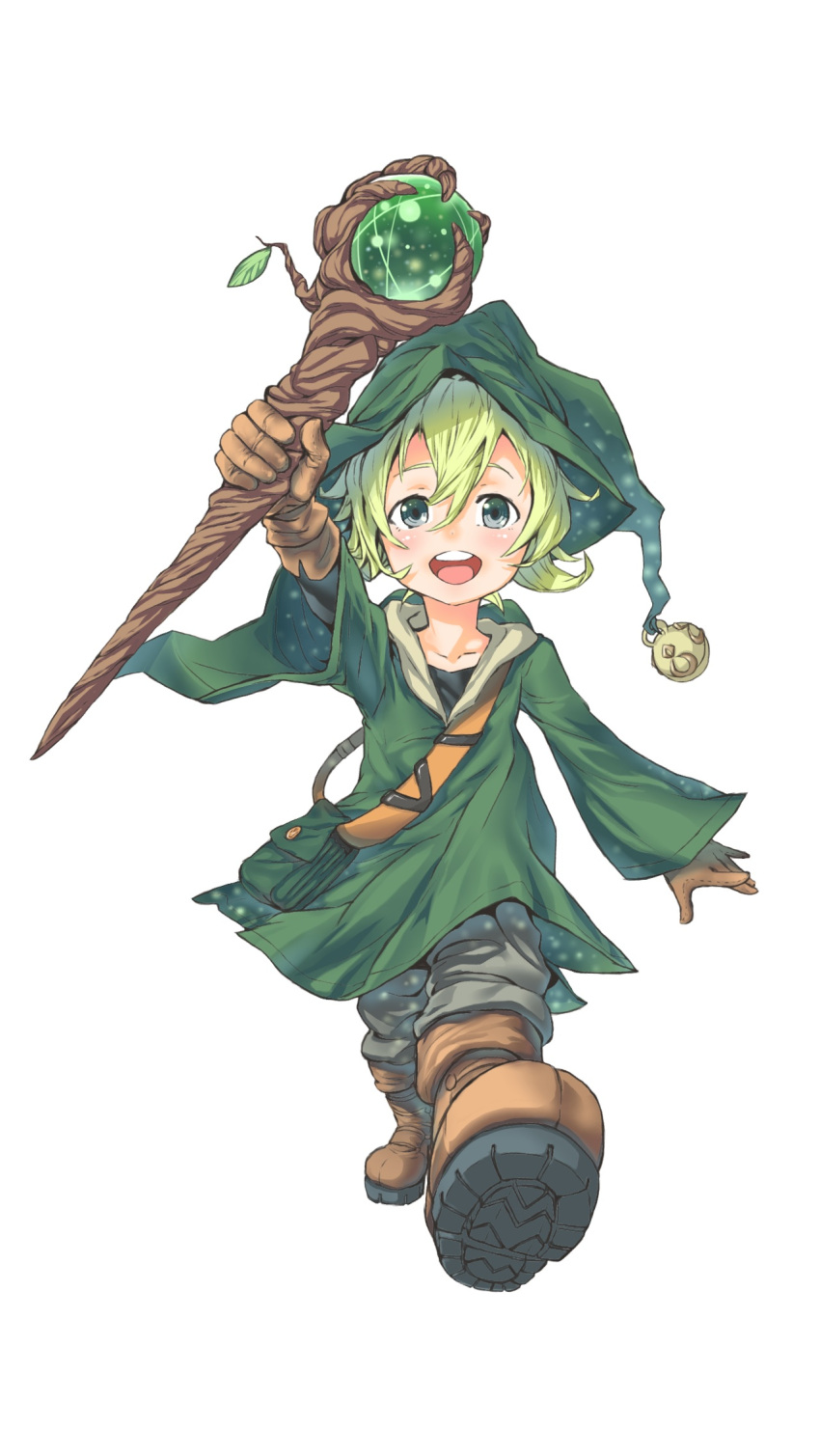 1boy arm_up blush boots brown_footwear brown_gloves character_request collarbone gloves green_eyes green_hair green_headwear hair_between_eyes highres holding holding_staff kuma_(jk0073) leaf light_green_hair long_sleeves male_focus merc_storia open_mouth pouch round_teeth simple_background solo staff teeth tongue white_background wide_sleeves