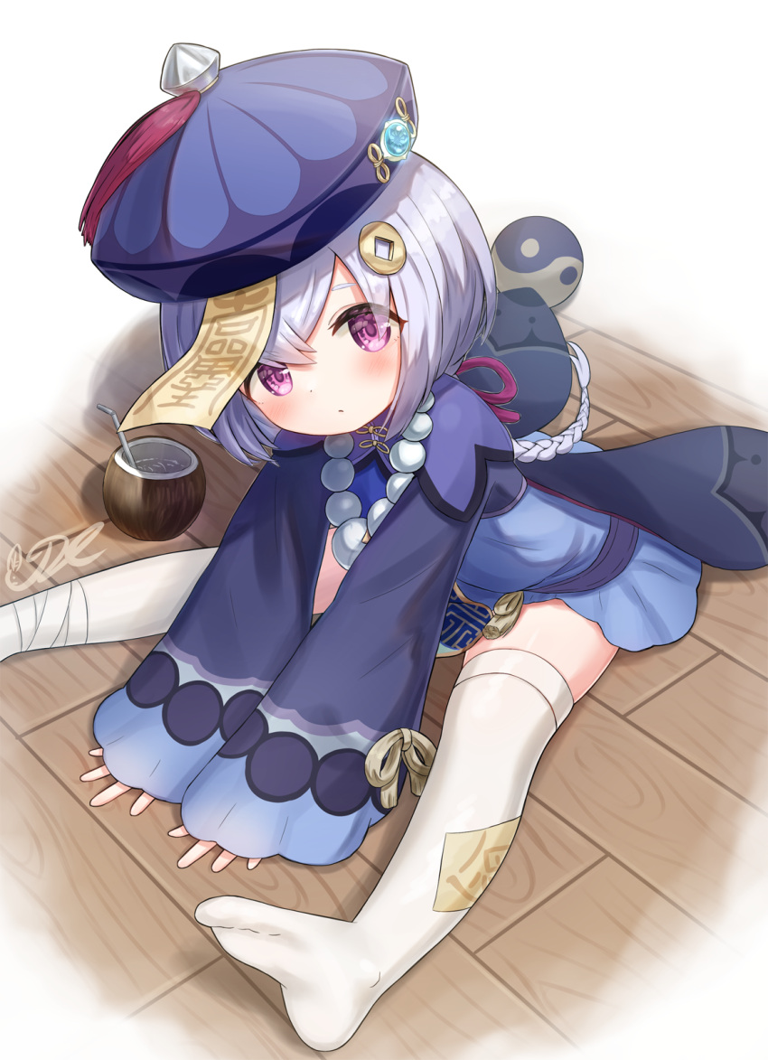 1girl :o bead_necklace beads blush braid braided_ponytail coconut dress drinking_straw feet full_body genshin_impact hair_ornament highres j2l jewelry jiangshi legs long_sleeves looking_at_viewer necklace purple_hair qiqi solo stretch thigh-highs toes violet_eyes white_legwear wide_sleeves