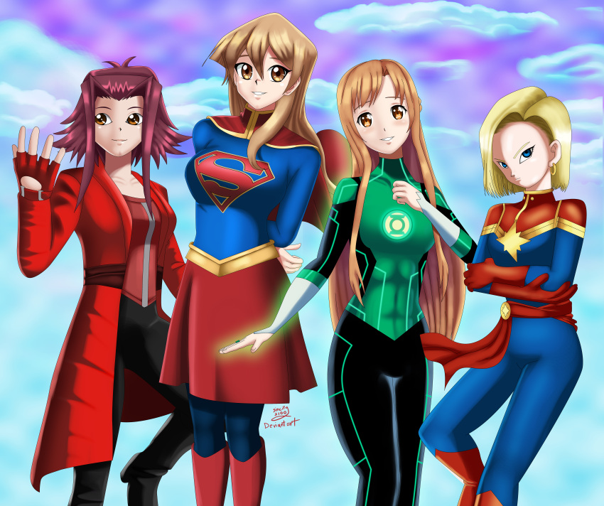4girls android_18 arms_behind_back arms_folded asuna_(sao) black_suit blonde_hair blue_eyes blue_sky blue_suit brown_eyes brown_hair captain_marvel captain_marvelous_(cosplay) cosplay dc_comics flying glow glowing gold_belt green_lantern green_lantern_(cosplay) happy izayoi_aki long_hair looking_at_viewer orange_eyes red_cape red_jacket red_ribbon red_skirt redhead scarlet_witch scarlet_witch_(cosplay) short_hair sincity2100 sky smile star supergirl supergirl_(cosplay) sword_art_online symbol tenjouin_asuka white_gloves yellow_eyes yu-gi-oh! yuu-gi-ou yuu-gi-ou_5d's yuu-gi-ou_gx yuuki_asuna
