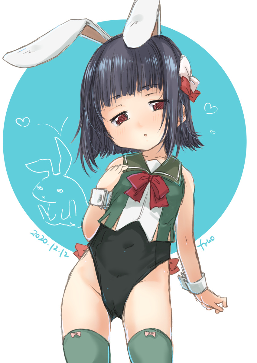 1girl adapted_costume animal_ears artist_name black_hair black_leotard bow circle commentary_request covered_navel cowboy_shot dated fyuo green_legwear green_sailor_collar hair_ribbon highres ishigaki_(kantai_collection) kantai_collection leotard looking_at_viewer playboy_bunny rabbit_ears red_bow red_eyes red_ribbon ribbon sailor_collar sailor_shirt shirt short_hair simple_background sleeveless sleeveless_shirt solo strapless strapless_leotard thigh-highs two-tone_background white_background white_ribbon wrist_cuffs
