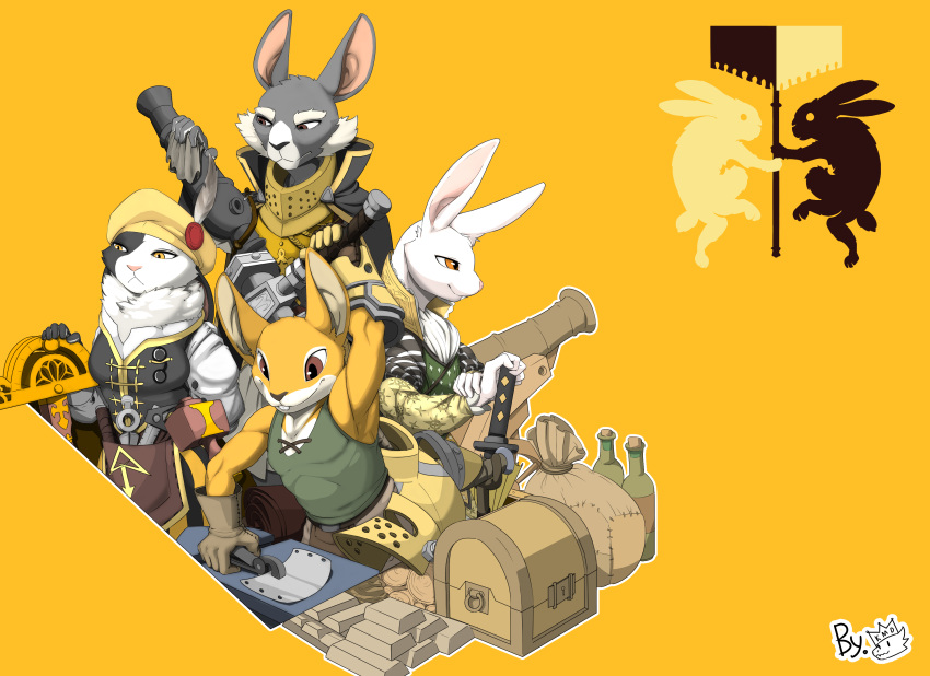 absurdres armello armor bottle brown_eyes cannon eyewear_removed furry gauntlets hammer hat hat_feather highres komoking long_sleeves polishing pouch rabbit ruler sheath simple_background smile standing treasure_chest yellow_background yellow_eyes yellow_headwear