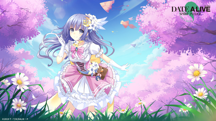 1girl 2019 bag bangs blue_hair blue_sky cherry_tree choker closed_mouth collarbone copyright_name crescent crescent_hair_ornament daisy date_a_live day eyebrows_visible_through_hair floating_hair flower frilled_skirt frills gloves grey_eyes hair_between_eyes hair_flower hair_ornament highres index_finger_raised izayoi_miku layered_skirt leaning_forward lily_(flower) long_hair looking_at_viewer medium_skirt multicolored multicolored_clothes multicolored_skirt official_art outdoors outstretched_arm pink_neckwear pink_skirt ribbon_choker shiny shiny_hair shirt short_sleeves skirt sky smile solo standing very_long_hair white_flower white_gloves white_shirt white_skirt yellow_choker