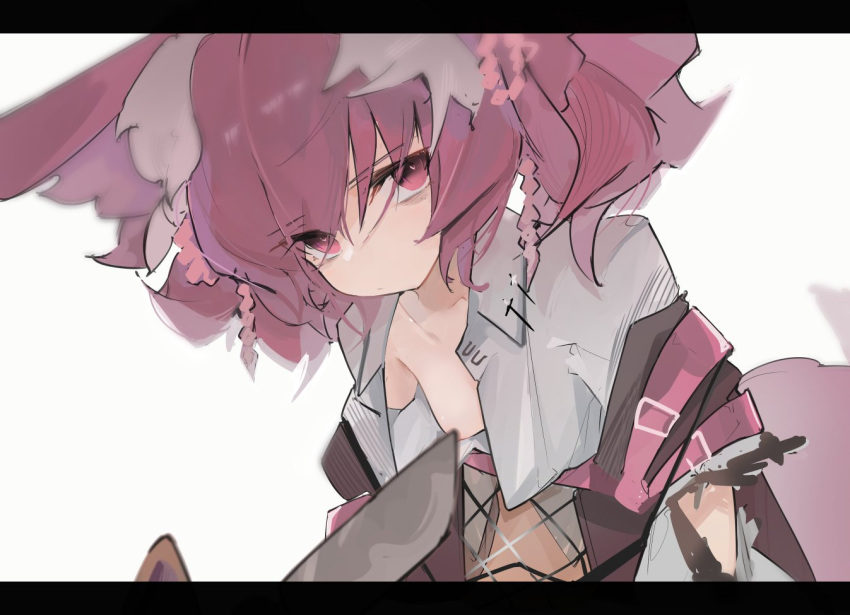 1girl animal_ear_fluff animal_ears arknights bangs breasts collared_shirt convenient_censoring crop_top dress_shirt fox_ears knife letterboxed long_sleeves looking_at_viewer mikojin purple_hair purple_vest shamare_(arknights) shirt short_hair simple_background small_breasts solo twintails vest violet_eyes white_background white_shirt