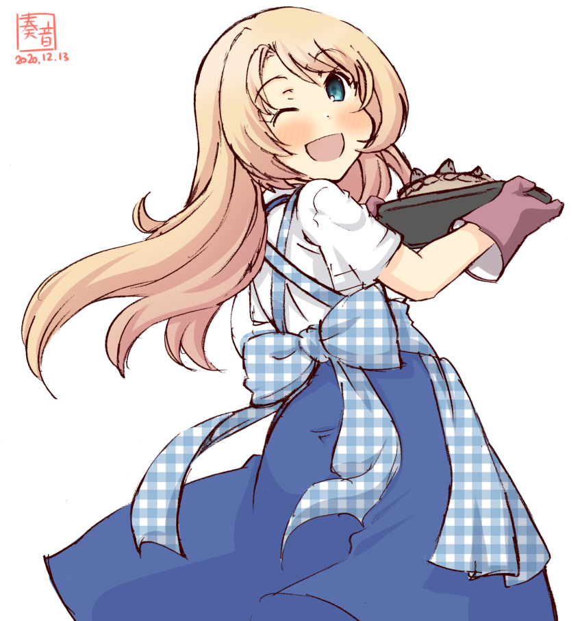 1girl alternate_costume apron artist_logo blonde_hair blue_apron blue_eyes blue_skirt commentary_request dated dress employee_uniform from_behind gingham_apron highres jervis_(kantai_collection) kanon_(kurogane_knights) kantai_collection kobeya kobeya_uniform long_hair looking_at_viewer oven_mitts plaid plaid_apron sailor_dress simple_background skirt solo stargazy_pie uniform unmoving_pattern waitress white_background