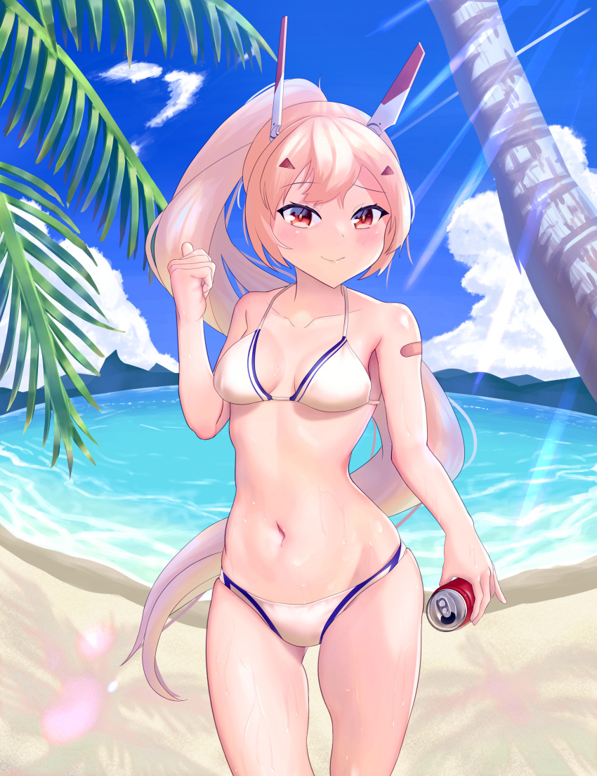1girl absurdres ayanami_(azur_lane) azur_lane bandaid bandaid_on_arm beach bikini blonde_hair blue_sky bouhuuu breasts can clouds commentary_request cowboy_shot day high_ponytail highres looking_at_viewer medium_breasts mountain ocean orange_eyes outdoors palm_tree silver_hair sky smile soda_can solo swimsuit tree water white_bikini