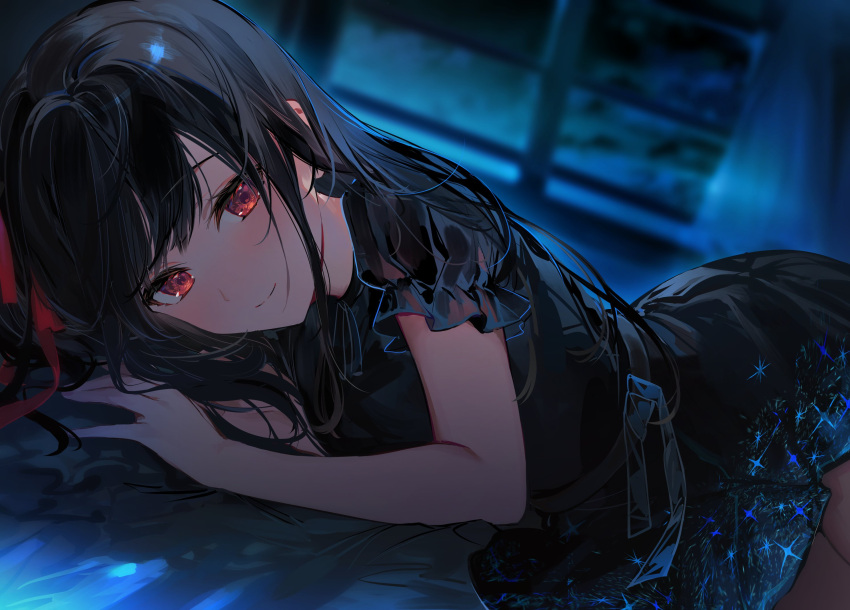 1girl bangs bed_sheet bedroom black_dress black_hair black_ribbon blurry blurry_background closed_mouth copyright_request dress highres long_hair looking_at_viewer lying neck_ribbon official_art on_side red_eyes ribbon shiny shiny_hair short_dress short_sleeves smile solo umibouzu_(niito)