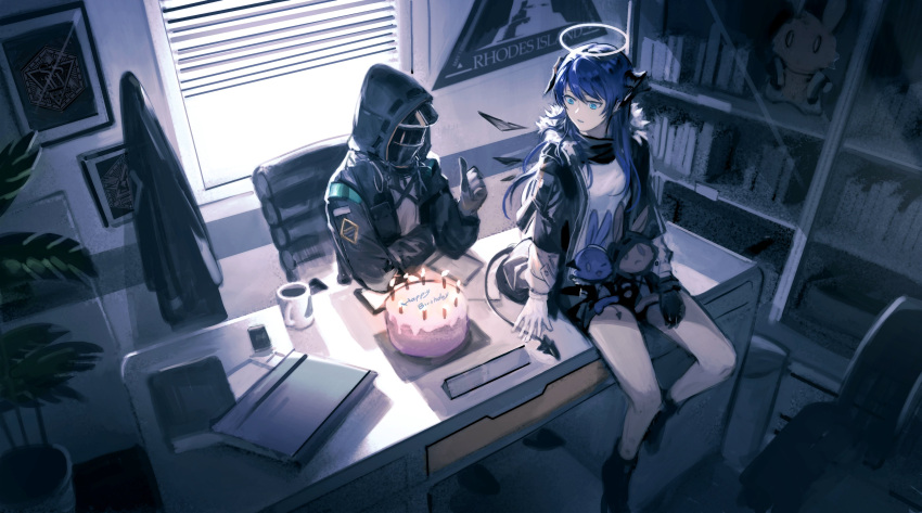 1girl 1other absurdres ambiguous_gender arknights birthday_cake black_coat black_footwear black_jacket blinds blue_eyes blue_hair book bookshelf boots cake chair character_doll coat commentary cup demon_horns demon_tail desk doctor_(arknights) dutch_angle energy_wings english_commentary food gloves halo happy_birthday highres hood hood_up horns jacket kupikuuu light long_hair looking_down medal mostima_(arknights) mug nameplate office_chair on_desk open_clothes open_jacket open_mouth picture_frame plant potted_plant rhodes_island_logo shadow shirt shorts sitting sitting_on_desk stuffed_animal stuffed_bunny stuffed_toy surprised tail thumbs_up trash_can visor white_shirt window