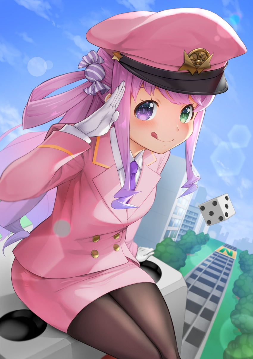1girl alternate_costume black_legwear blue_sky blush breasts cabbie_hat candy_hair_ornament closed_mouth clouds cloudy_sky collared_shirt commentary day dice dress_shirt food_themed_hair_ornament gloves gradient_hair green_eyes hair_ornament hair_rings hat heterochromia highres himemori_luna hololive jacket lens_flare licking_lips long_hair long_sleeves looking_at_viewer miniskirt momotarou_dentetsu multicolored_hair necktie outdoors oversized_object pantyhose pink_hair pink_headwear pink_jacket pink_skirt purple_hair purple_neckwear railroad_tracks salute shirt side_ponytail sitting skirt skirt_set sky small_breasts smile solo tongue tongue_out two-tone_hair uniform violet_eyes virtual_youtuber white_gloves white_shirt wing_collar yamasan_ossan