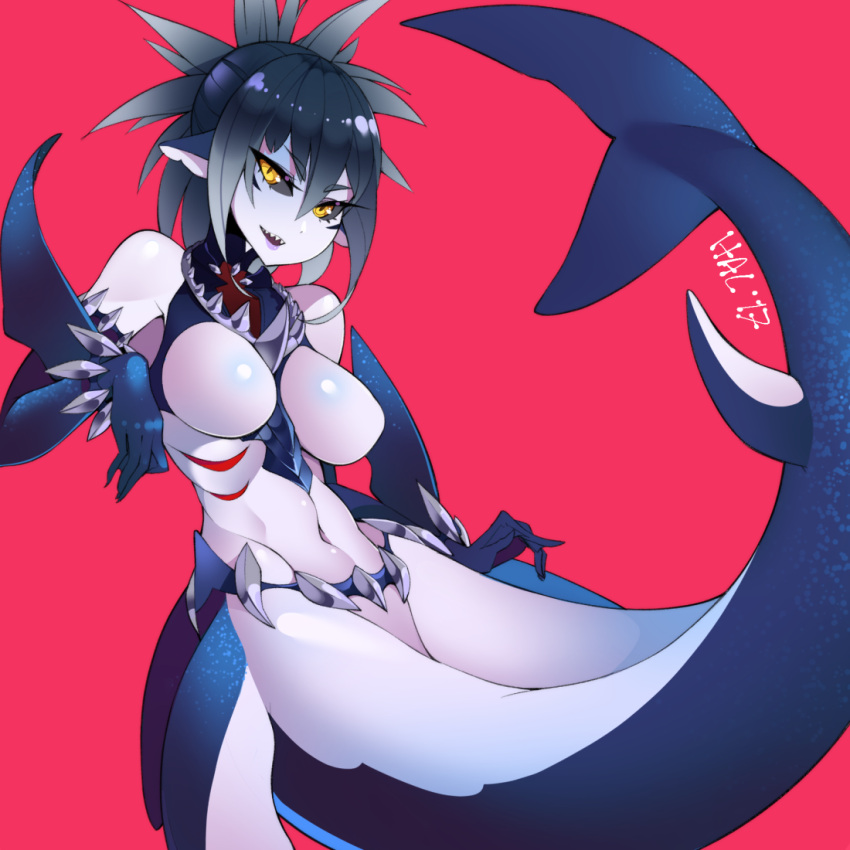 1girl :d abs black_hair black_sclera blue_gloves blue_skin colored_skin commentary commission dated elbow_gloves english_commentary fish_tail gills gloves grey_skin halphelt lipstick looking_at_viewer makeup medium_hair mermaid mershark_(monster_girl_encyclopedia) monster_girl monster_girl_encyclopedia multicolored multicolored_skin navel no_nipples open_mouth ponytail purple_lips purple_lipstick red_background shark_fin shark_tail sharp_teeth signature simple_background slit_pupils smile solo tail teeth toned two-tone_skin upper_teeth yellow_eyes