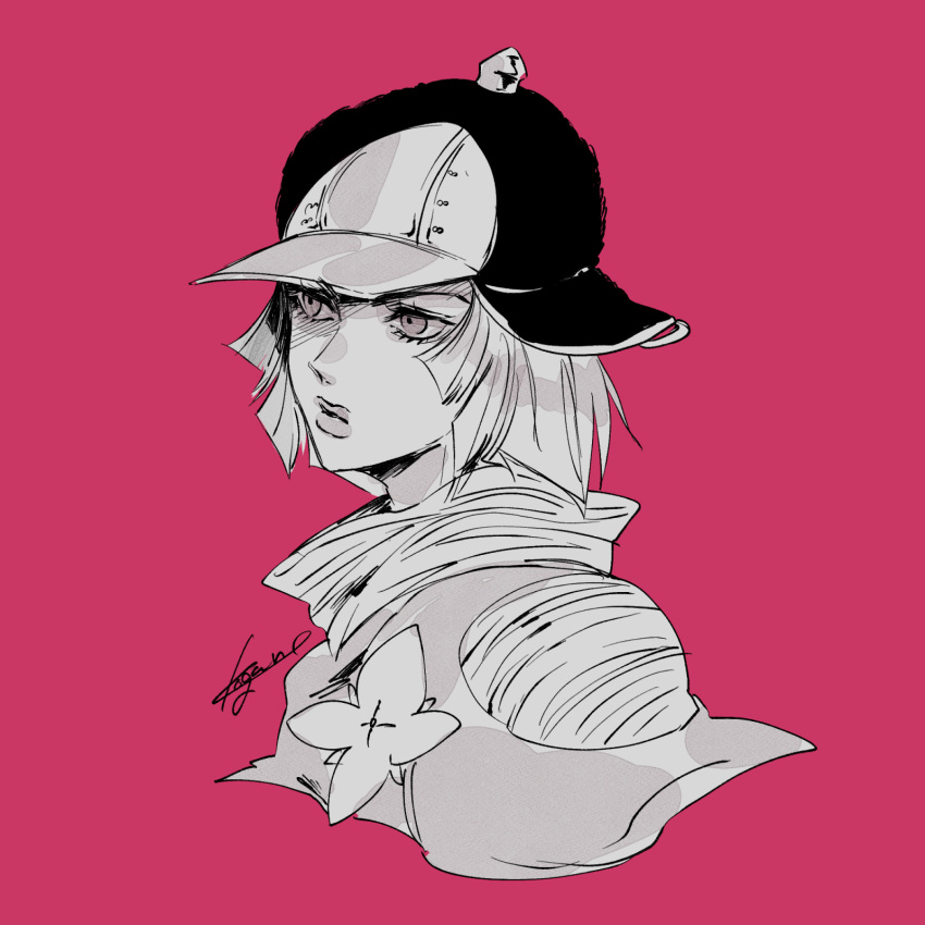 1girl artist_name brooch greyscale hat highres hot_pants_(sbr) jewelry jojo_no_kimyou_na_bouken kogatarou monochrome parted_lips pink_background short_hair signature simple_background solo steel_ball_run turtleneck upper_body