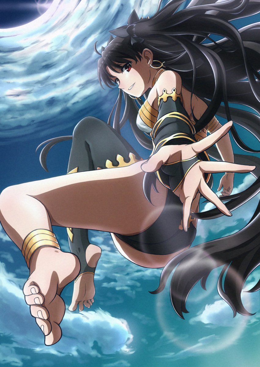1girl absurdres anklet asymmetrical_legwear asymmetrical_sleeves bangs barefoot black_bow black_hair black_legwear black_panties black_sleeves bow detached_sleeves earrings fate/grand_order fate_(series) floating_hair grin hair_bow highres ishtar_(fate)_(all) ishtar_(fate/grand_order) jewelry lens_flare long_hair looking_at_viewer mitsuria_(kanesho1102) outstretched_arm outstretched_hand panties red_eyes shiny shiny_hair single_sleeve single_thighhigh sky smile soles solo thigh-highs twintails underwear very_long_hair