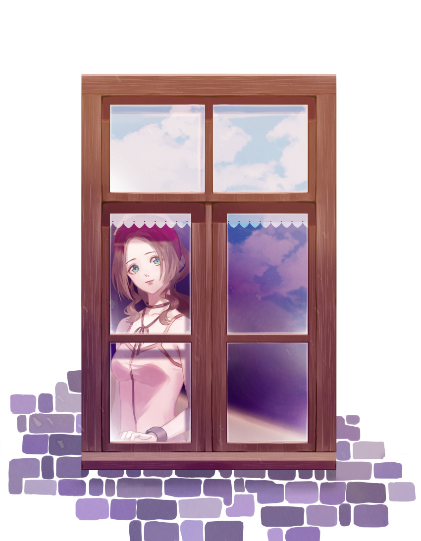 1girl absurdres aerith_gainsborough bracelet brown_hair dress final_fantasy final_fantasy_vii green_eyes hat highres jacket jacket_removed jewelry lilith-lily long_hair necklace pink_dress smile window