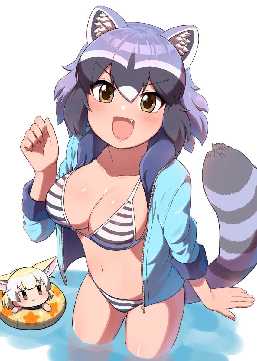 2girls :3 :d absurdres alternate_costume animal_ear_fluff animal_ears bikini blonde_hair blue_hoodie blush chibi common_raccoon_(kemono_friends) eyebrows_visible_through_hair fang fennec_(kemono_friends) fox_ears fox_girl grey_hair highres hood hood_down hoodie innertube kemono_friends looking_at_viewer minigirl multicolored_hair multiple_girls ngetyan open_clothes open_hoodie open_mouth raccoon_ears raccoon_girl raccoon_tail short_hair smile striped striped_bikini swimsuit tail v-shaped_eyebrows wading white_hair