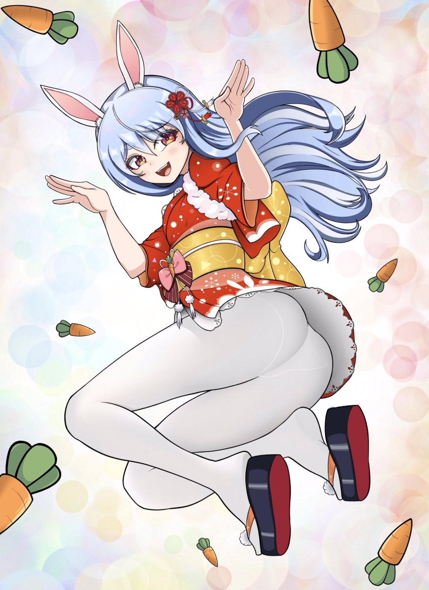 1girl akiyoshifrost alternate_costume alternate_hairstyle animal_ears ass blue_hair bow brown_eyes bubble_background bunny_pose carrot flower full_body hair_flower hair_ornament hands_up highres hololive japanese_clothes jumping kimono laughing legs long_hair looking_at_viewer looking_back obi panties panties_under_pantyhose pantyhose pantyshot platform_footwear rabbit_ears sandals sash smile solo striped striped_bow thighs underwear usada_pekora very_long_hair white_legwear yukata