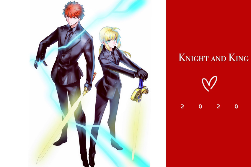 1boy 1girl ahoge artoria_pendragon_(all) black_suit blonde_hair emiya_shirou english_text excalibur fate/stay_night fate_(series) formal full_body garoshirou green_hair highres looking_at_viewer necktie planted_sword planted_weapon redhead saber side-by-side suit sword weapon yellow_eyes