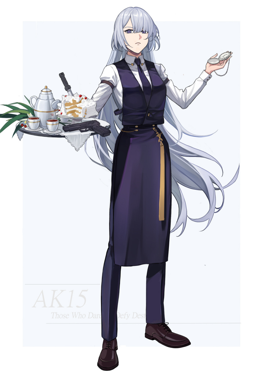 1girl ak-15_(girls_frontline) apron brown_footwear character_name closed_mouth english_text eyebrows_visible_through_hair girls_frontline gun highres holding long_hair looking_at_viewer necktie pants purple_apron purple_neckwear purple_pants purple_vest shirt shoes silayloe silver_hair solo standing tagme vest violet_eyes watch weapon white_background white_shirt
